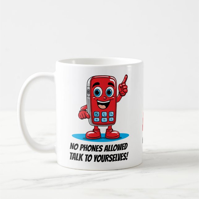 No Phones Allowed Retro Red Phone Monogram Mug (Left)
