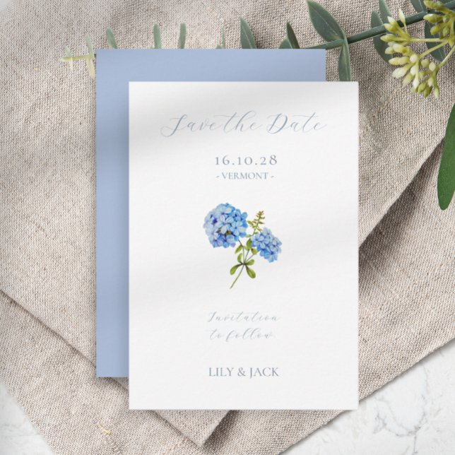 No Photo Blue Script Hydrangea Save The Date Card (Creator Uploaded)