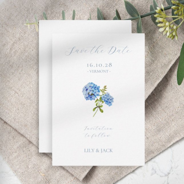 No Photo Blue Script Hydrangea Save The Date Card (Creator Uploaded)