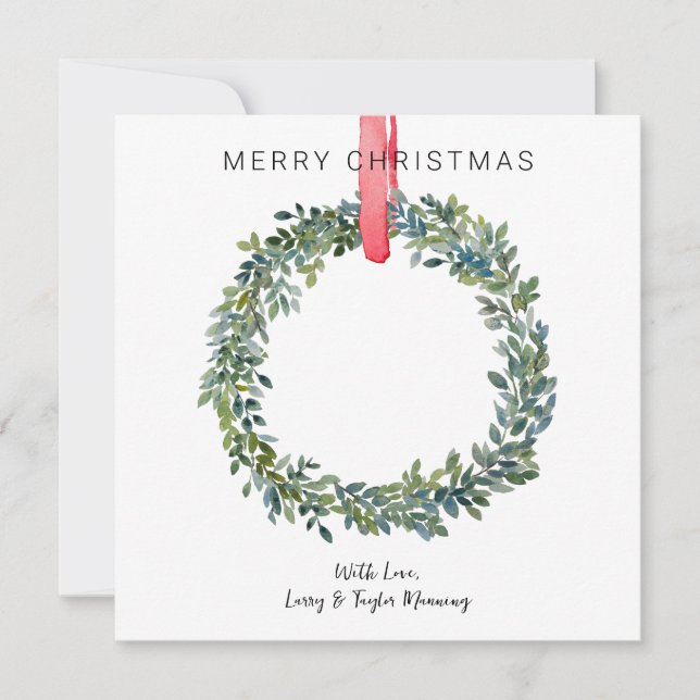 No Photo Watercolor Boxwood Wreath Christmas Card (Front)