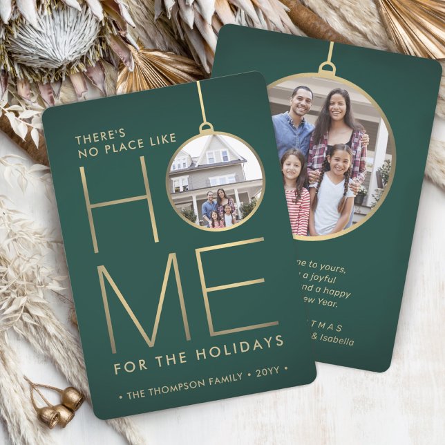 No Place Like Home 2 Photo Green & Gold Christmas Holiday Card (Creator Uploaded)