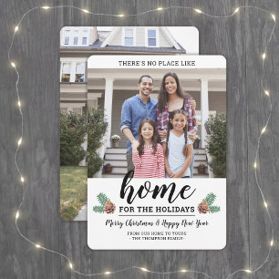 No Place Like Home 2 Photo Simple Pine Greenery Holiday Card