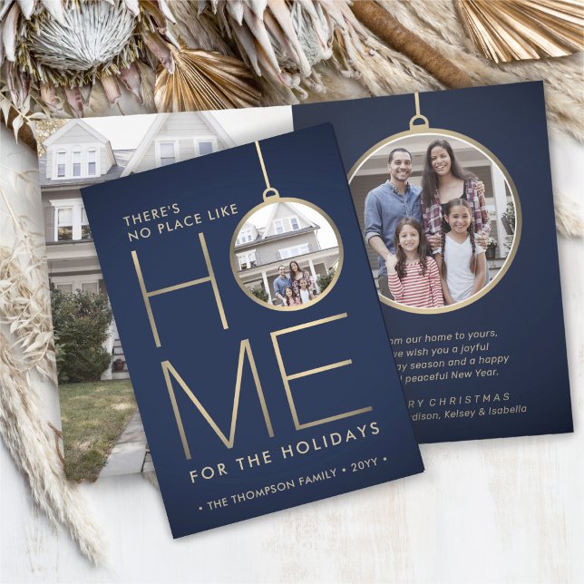 No Place Like Home 3 Photo Christmas Blue Folded Holiday Card (Creator Uploaded)
