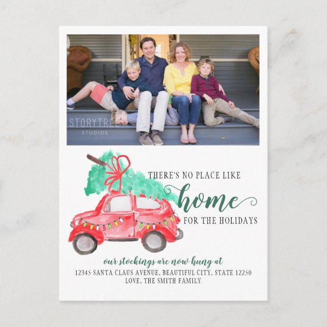 No Place Like Home Holiday Red Car Photo Moving Announcement Postcard (Front)