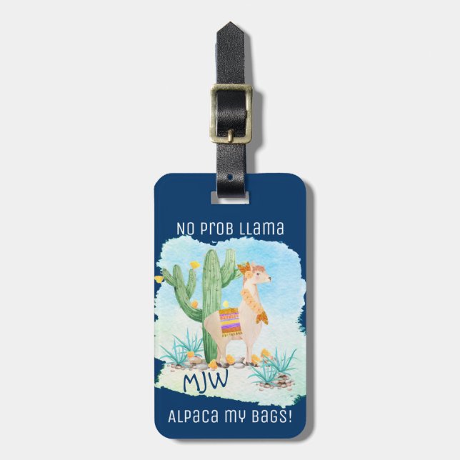 No Prob Llama Alpaca My Bags - Blue Personalised Luggage Tag (Front Vertical)