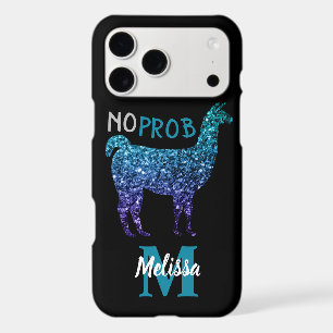 No Prob Llama Aqua blue ombre Sparkles Monogram