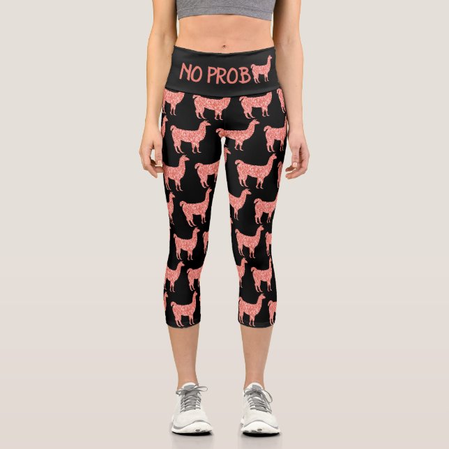 No Prob Llama pink coral glitter Sparkles pattern Capri Leggings (Front)