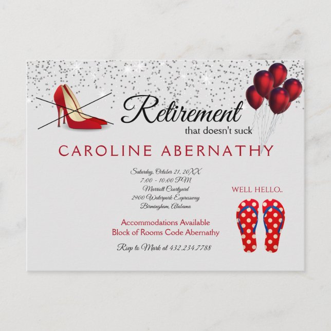 No Pumps Hello Flip Flops Retirement Party Grey Postcard (Front)