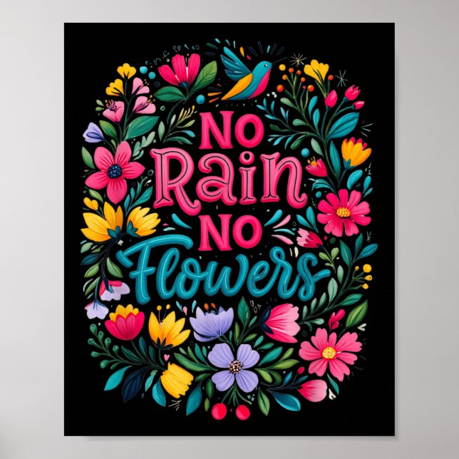 No Rain No Flowers Motivational Saying Wildflowers Poster (Front)
