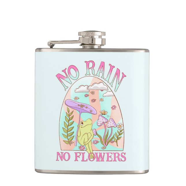 No Rain, No Flowers – Vibrant Floral & Mushroom Hip Flask (Front)