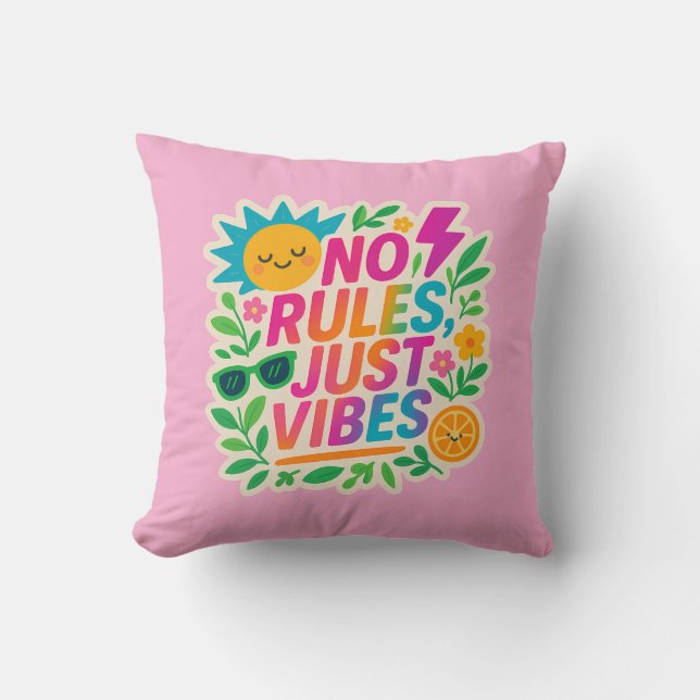 No Rules Just Vibes – Neon Gradient Kawaii-Punk Ty Cushion (Front)