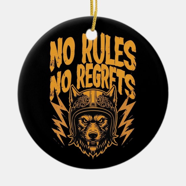 No Rules No Regrets - Wolf Biker Graphic Ceramic Tree Decoration (Front)