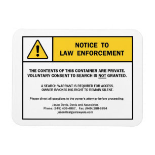 "No Search Without A Warrant" magnet sign (for CA)