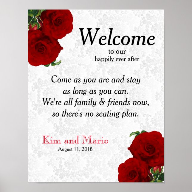 No Seating Plan - Deep Red Rose Wedding Poster (Front)