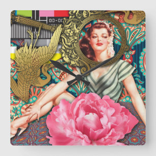 No-Signal - Cheeky Lady Digital Collage Square Wall Clock