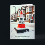 No Sleigh Zone Christmas Greeting Card 2024<br><div class="desc">This cheeky Christmas card design features a snow-covered traffic cone with a bold “No Sleighs” warning,  humorously reminding Santa and his reindeer to find alternative parking. Perfect for fans of neighbourhood banter,  it captures the spirit of Nextdoor’s quirky posts with a festive twist.</div>