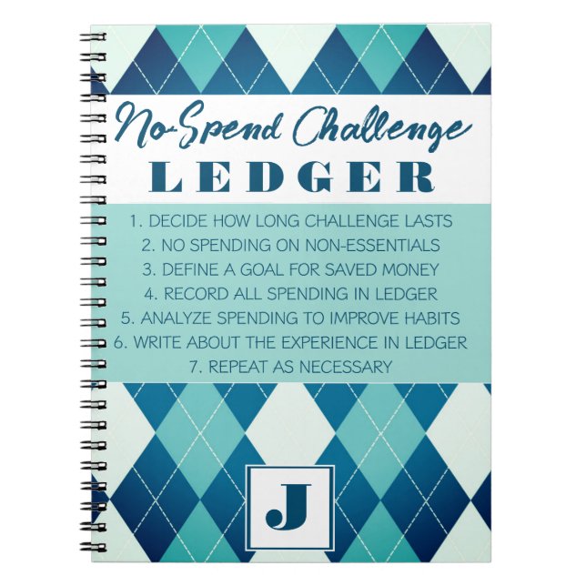 No Spend Challenge Ledger Blue & White Argyle Notebook (Front)