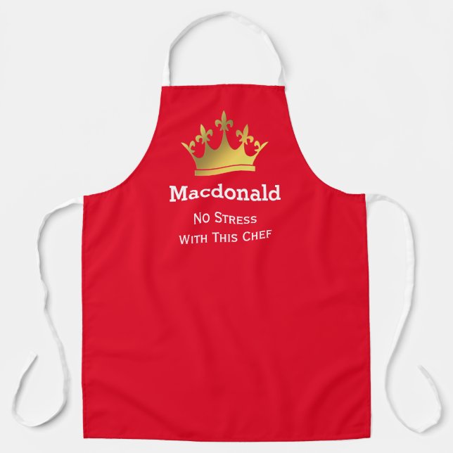 NO STRESS CHEF | Personalised Crown | RED Apron (Front)