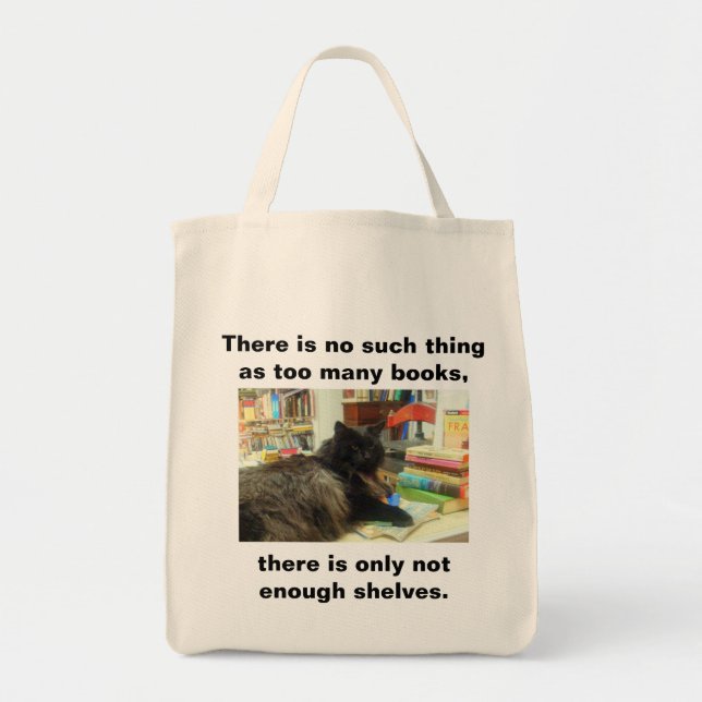 "No such thing as too many books" Cat (Light) Tote Bag (Front)