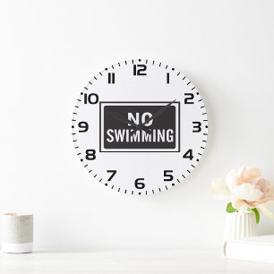 No Swimming Sign Bold Black and White Warning  Large Clock