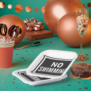 No Swimming Sign Bold Black and White Warning Paper Plate