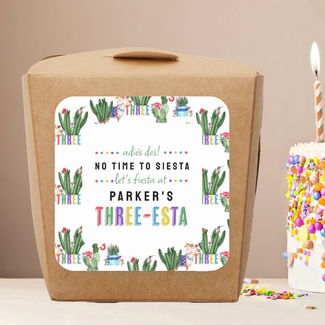 No Time to Fiesta Three-Esta Fiesta 3rd Birthday Square Sticker (Decorate food boxes, favors, stationery and even the kids with fun three-esta fiesta stickers)