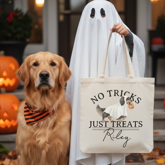 No Tricks Just Treat Funny Pun Ghost Dog Halloween Tote Bag (Collect candy treats in the cutest No Tricks Just Treat Funny Pun Ghost Dog Halloween Tote Bag! )
