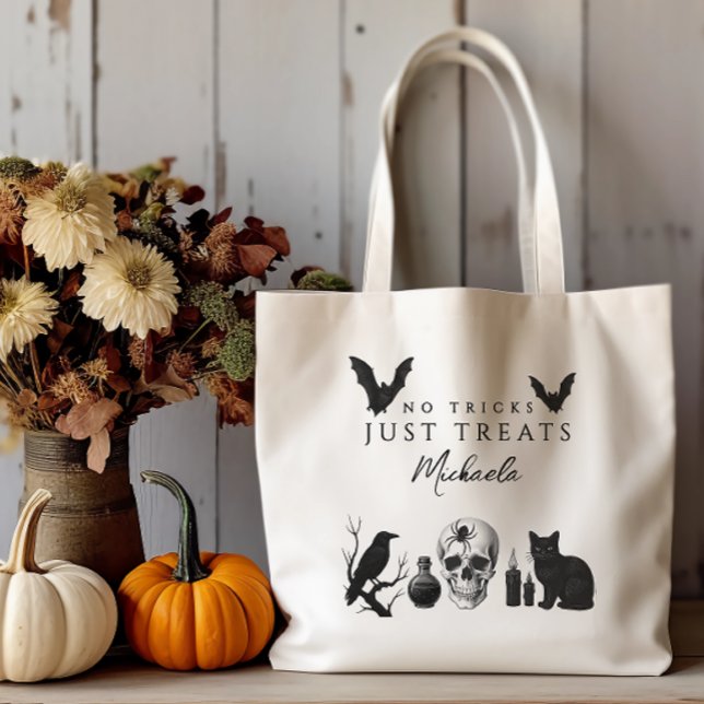 No Tricks Just Treats Custom Name Gothic Halloween Tote Bag (Creator Uploaded)