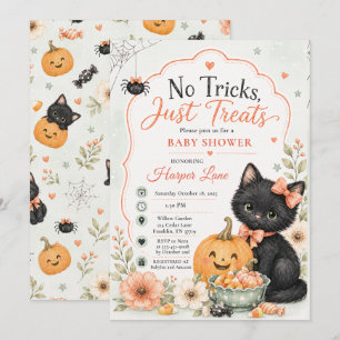 No Tricks Just Treats Halloween Baby Shower Cat Invitation
