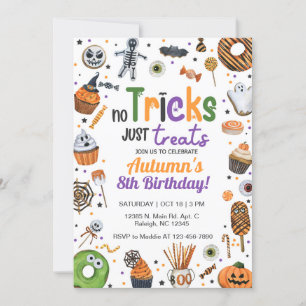 No tricks just treats Halloween invite. Invitation