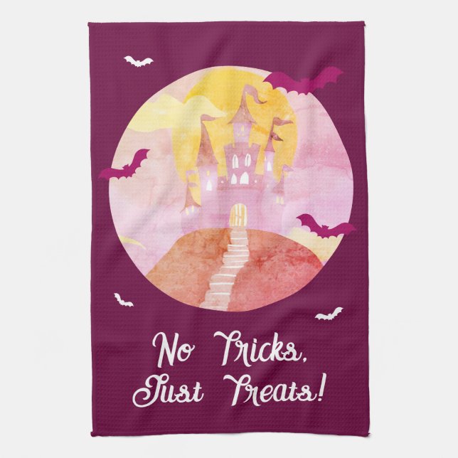 No Tricks Just Treats Spooky Castle Halloween Tea Towel (Vertical)