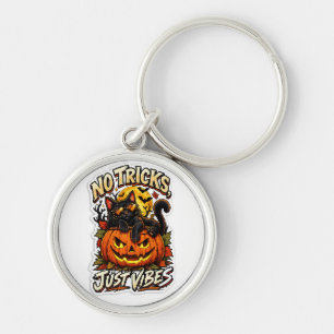 No Tricks Just Vibes Halloween Black Cat Keychain