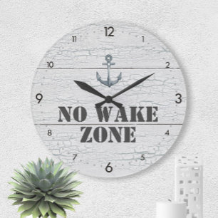 No Wake Zone Crackled Wood + Anchor Nautical Large Clock