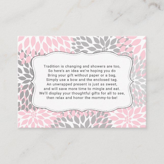 No wrap baby shower insert card, girl pink floral (Front)