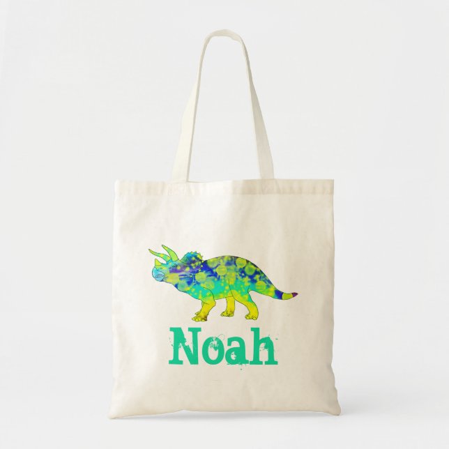 Noah Colourful Triceratops Jurassic Dinosaur Art Tote Bag (Front)