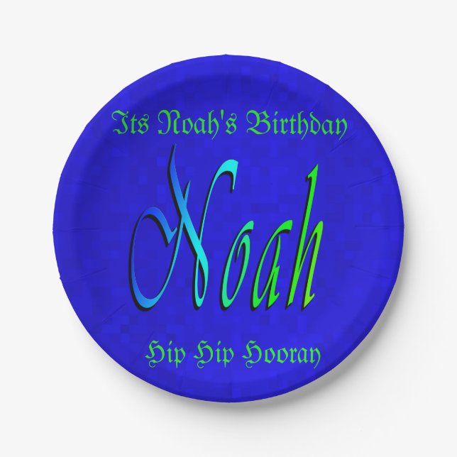 Noah, Name, Logo, Blue Birthday Paper Plate. Paper Plate (Front)