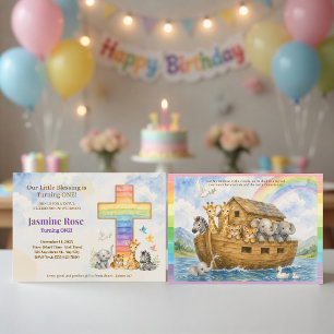 Noah’s Ark Baby Animals & Rainbow Cross Watercolor Invitation