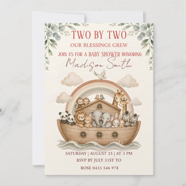 Noah’s Ark Twin Baby Shower Invitation (Front)