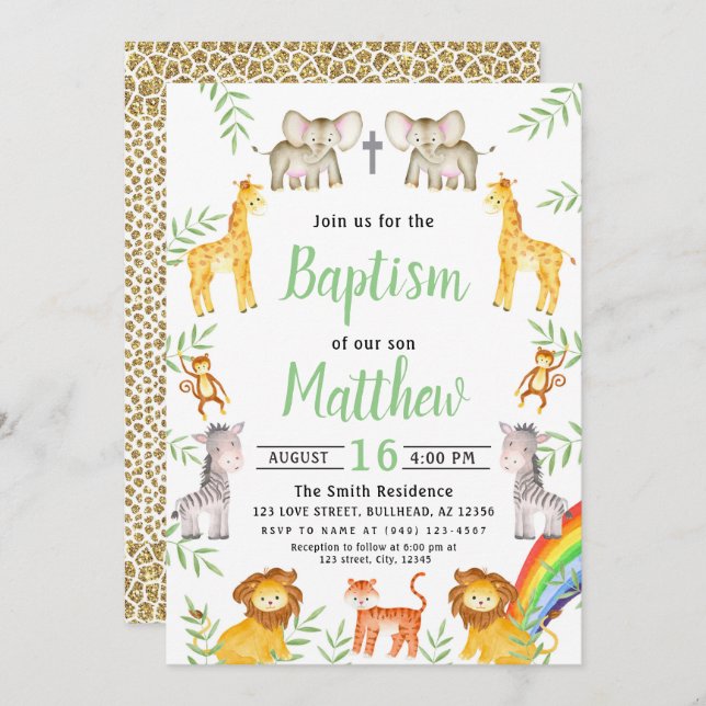 Noahs Ark Animal and Rainbow Watercolor Baptism Invitation (Front/Back)