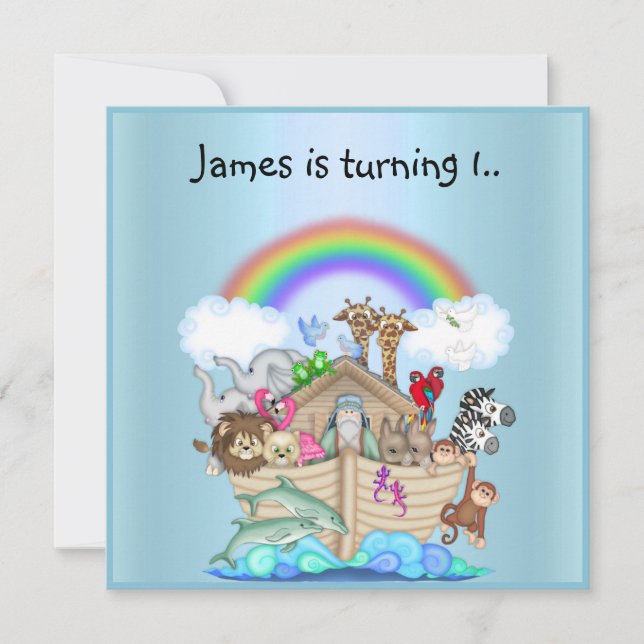 Noahs ark animal Rainbow invitation BLUE (Front)