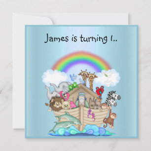 Noahs ark animal Rainbow invitation BLUE