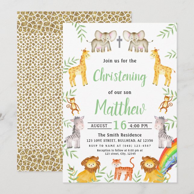 Noahs Ark Animal Rainbow Watercolor Christening Invitation (Front/Back)