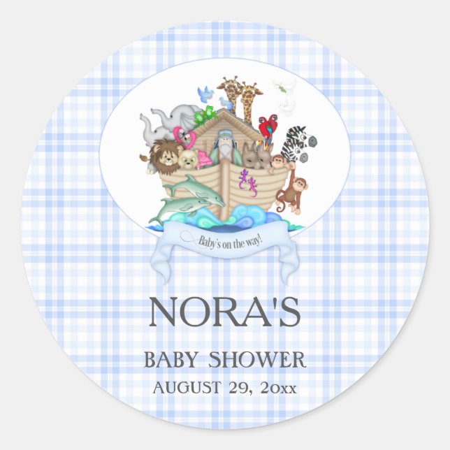 Noah's Ark Animals Blue Gingham Classic Round Sticker (Front)