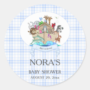 Noah's Ark Animals Blue Gingham Classic Round Sticker