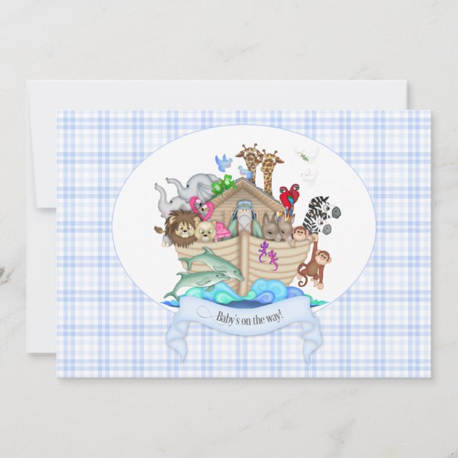 Noah's Ark Animals Blue Gingham Invitation (Front)