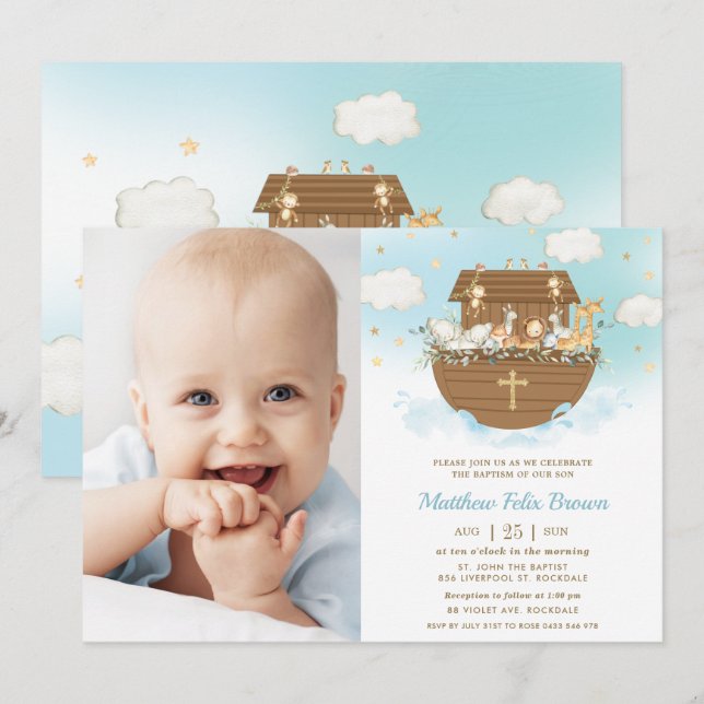 Noah's Ark Animals Boy Baptism Christening Photo Invitation (Front/Back)