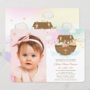 Noah's Ark Animals Girl Baptism Christening Photo Invitation