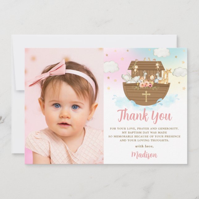 Noah's Ark Animals Girl Baptism Christening Photo Thank You Card (Front)