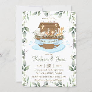 Noah's Ark Animals Greenery Blue Boy Baby Shower Invitation