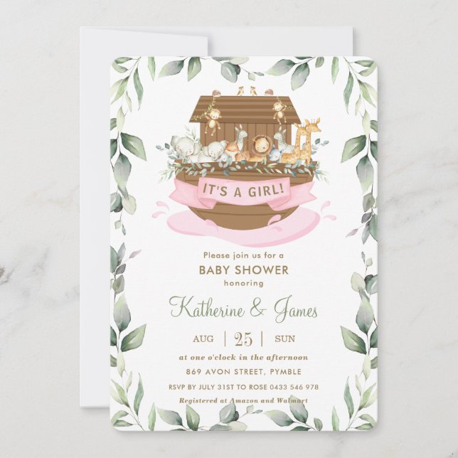 Noah's Ark Animals Greenery Girl Baby Shower   Invitation (Front)